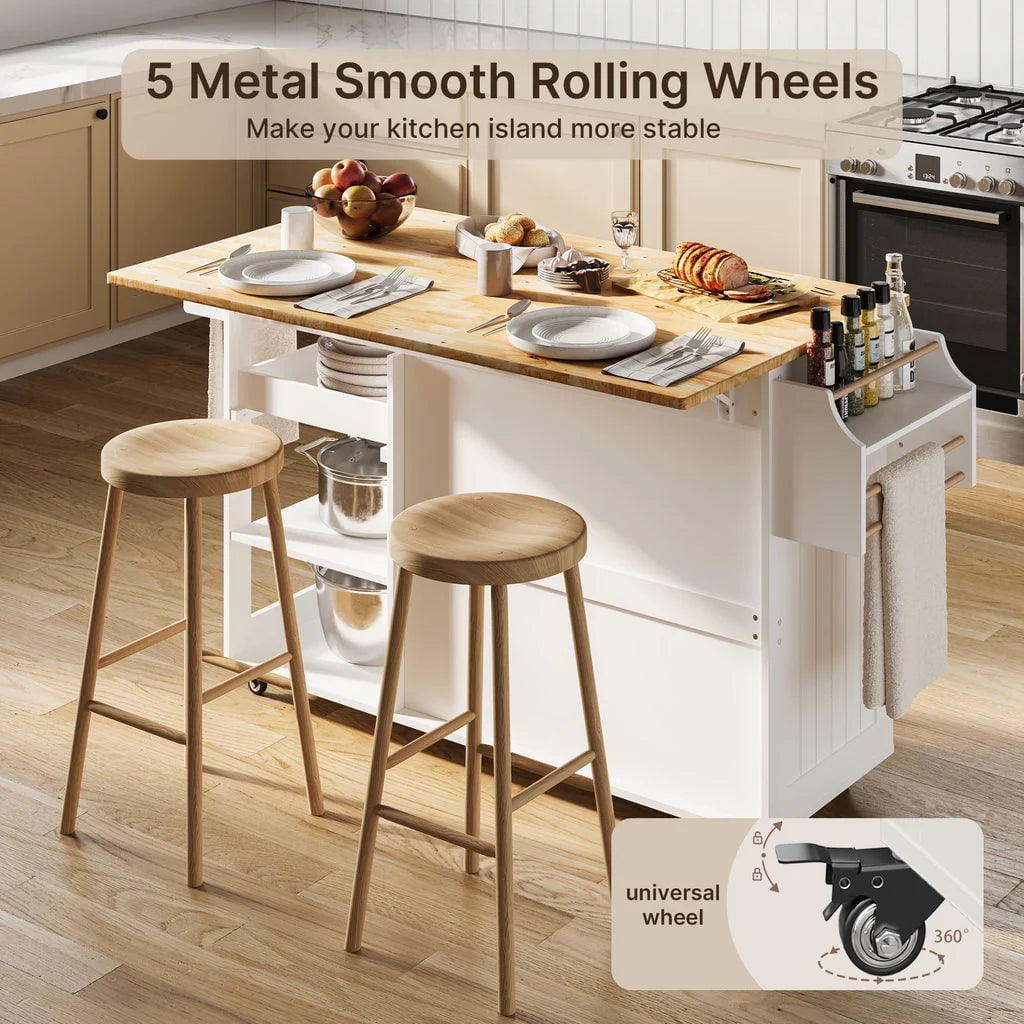 36 H White Wooden Kitchen Island Cart on Wheels with Cabinet and Shelves W6528