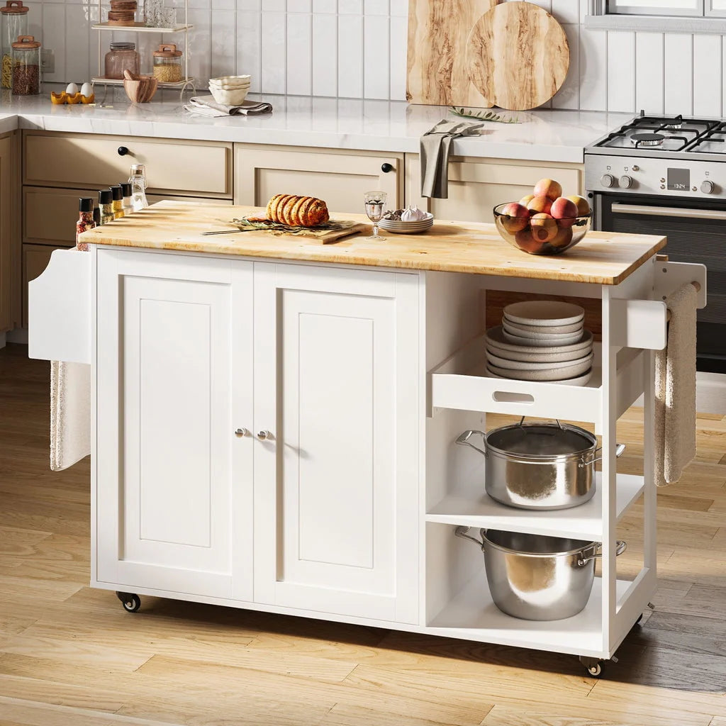 36 H White Wooden Kitchen Island Cart on Wheels with Cabinet and Shelves W6528