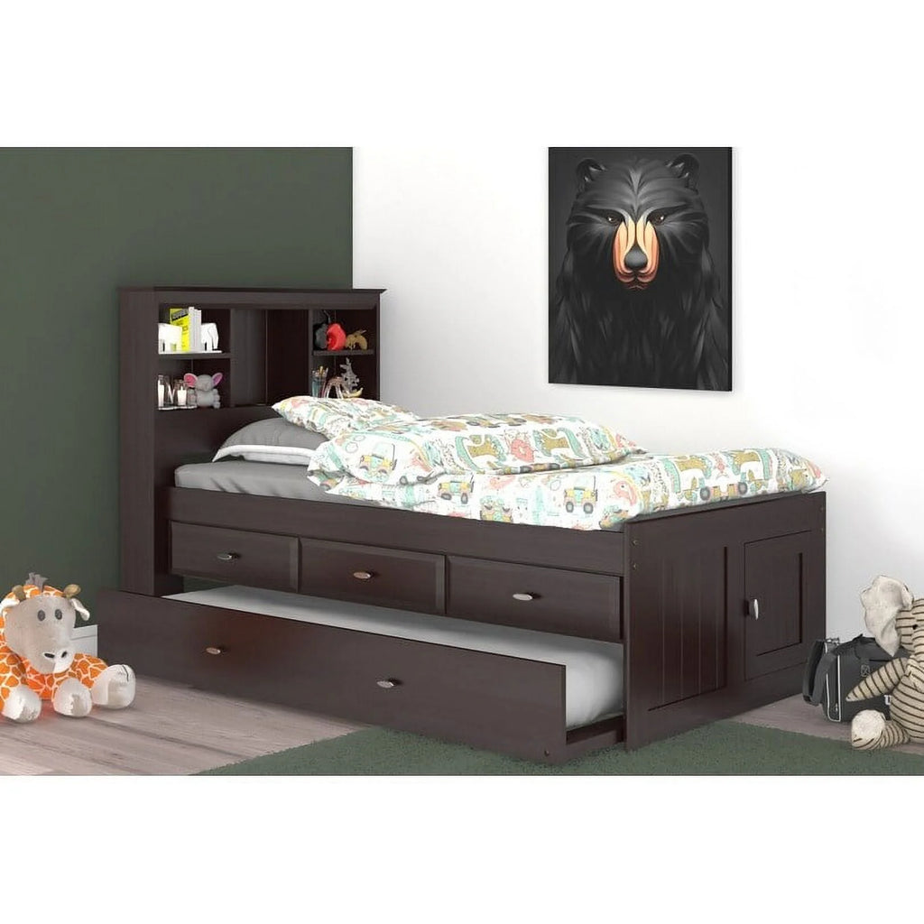 Twin Bookcase Bed with Three Drawers and Twin Trundle in Dark Espresso G780548