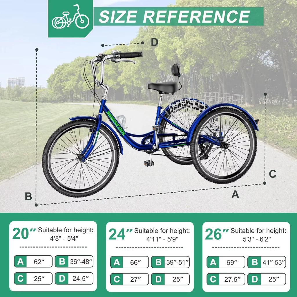 Cyan 26 inch 7-Speed Adult Tricycle with Basket C549