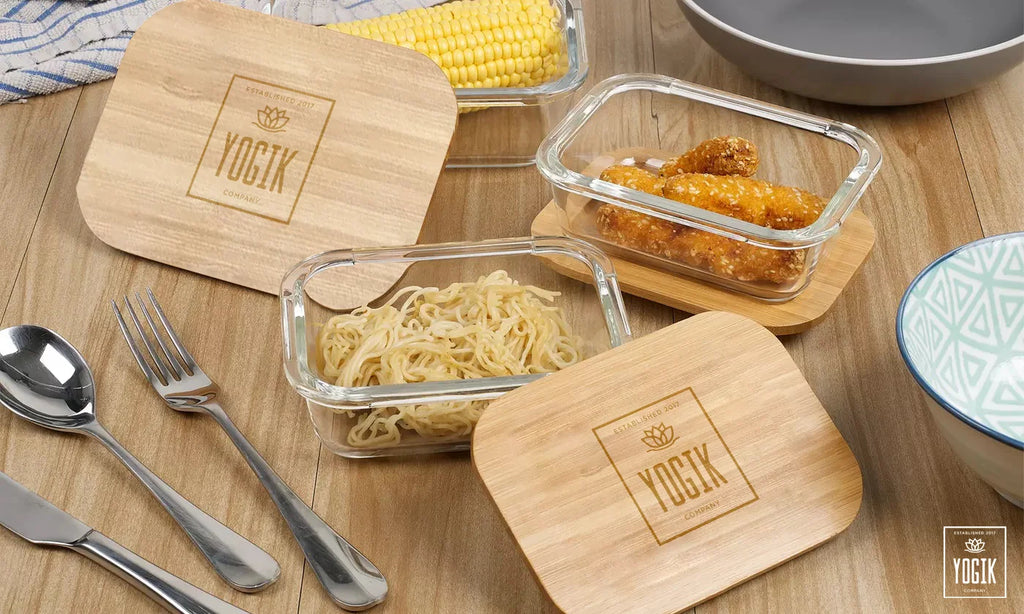 Set of 4 Rectangular Glass Food Storage Containers with Bamboo Lids S747667