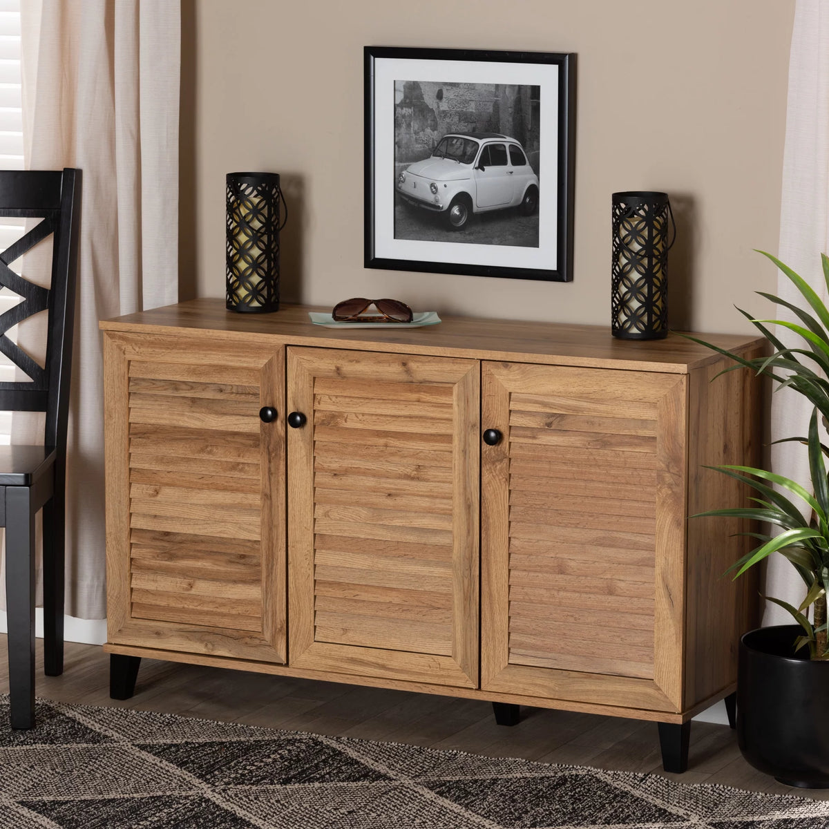 Oak Brown Wood 3-Door Shoe Storage Cabinet A156409