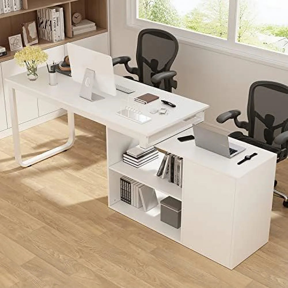 White 55 Inch L-Shaped Corner Desk with 2 Drawers J624
