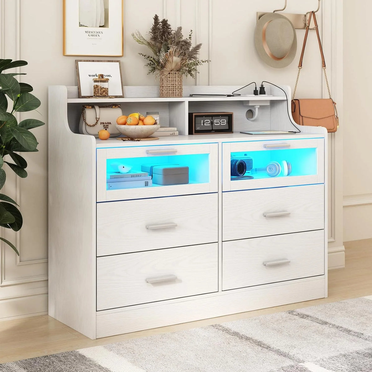 White 6 Drawer Dresser with LED Lights and Charging Station F357