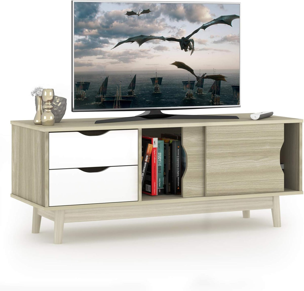 Oak Wood TV Stand with 2 Drawers and 2 Sliding Doors F5590
