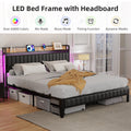 Black Upholstered Platform Bed Frame with Storage Headboard Y95830