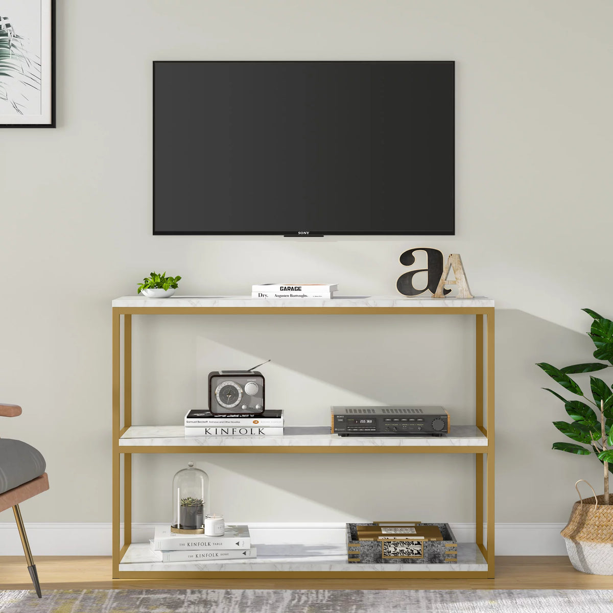 Gold Sofa Console Table with Storage Shelves F659485