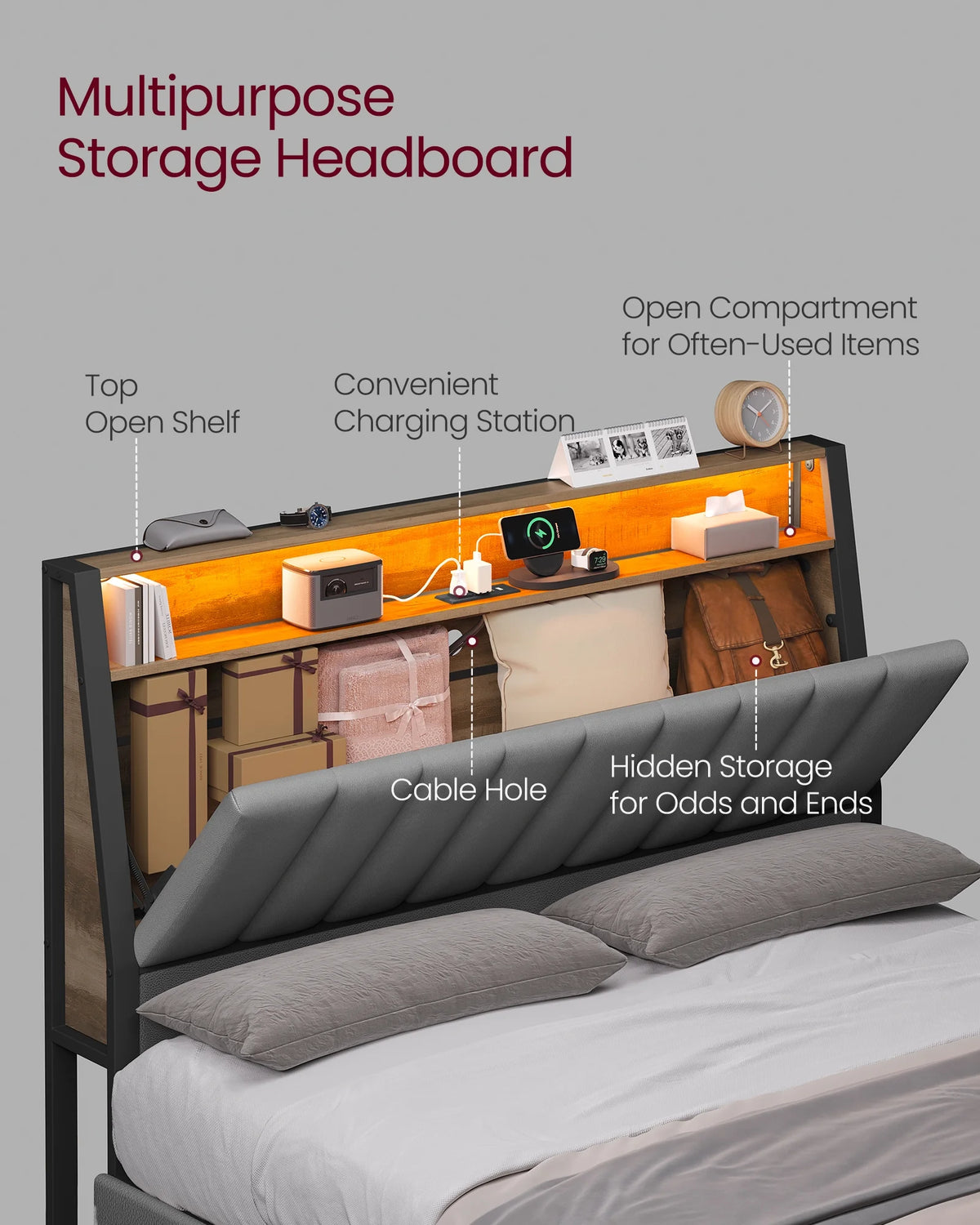 Full Size Bed Frame with Storage Headboard and Charging Station C884