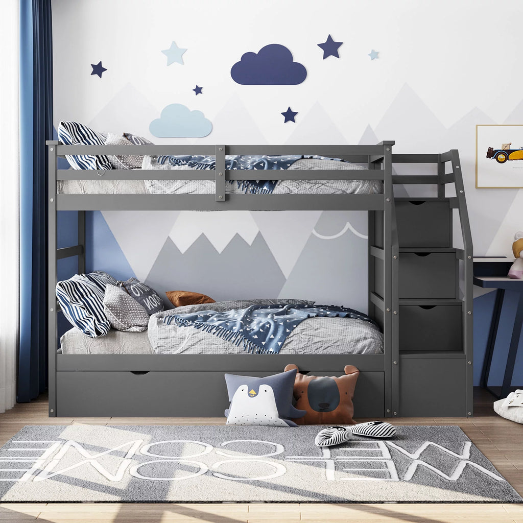 Twin-Over-Twin Bunk Bed with Trundle and 3 Storage Stairs Gray Y185610