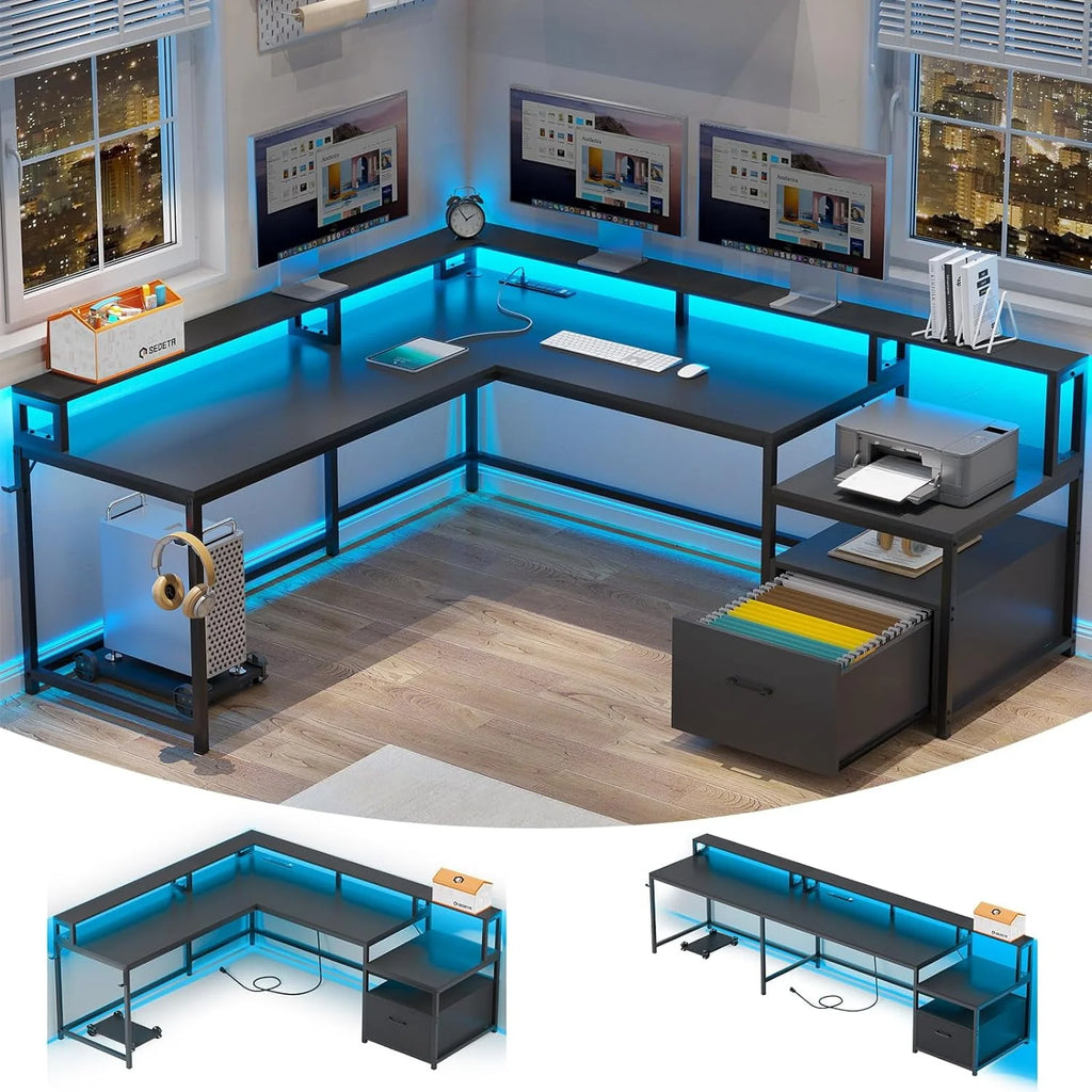 L Shaped Desk with Power Outlet and LED Lights J912