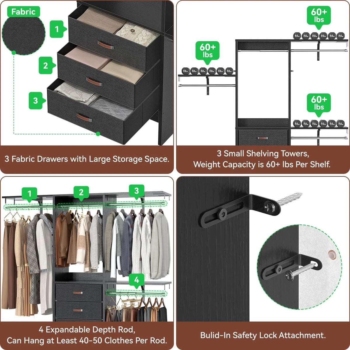5FT Closet System with 3 Fabric Drawers J84808