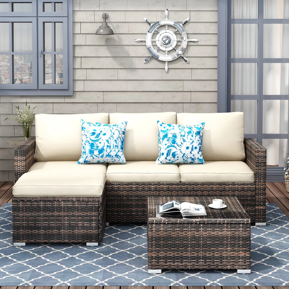 3 Pieces Beige Wicker Rattan Patio Sectional Set with Table O102610