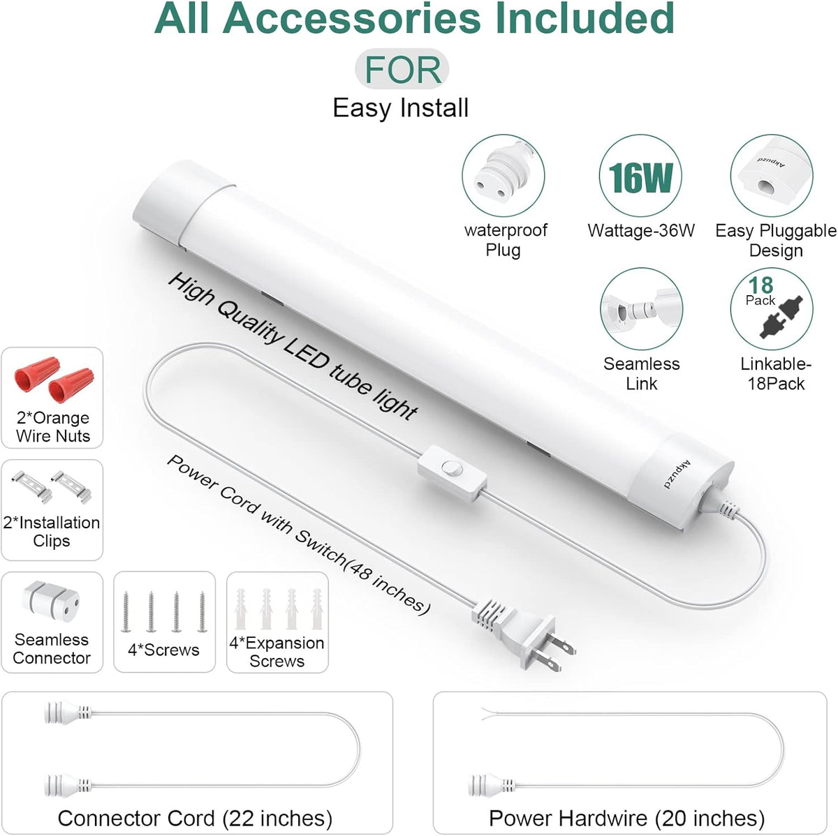 Under-Counter Light Plug in, Waterproof Kitchen Lights Under Cabinet, 5000K 1700Lm 16W 1.4FT Plug in Lights for Ceiling with Switch, Linkable LED Tube Light for Workbench...(2PCS) Pack of 2 U164924