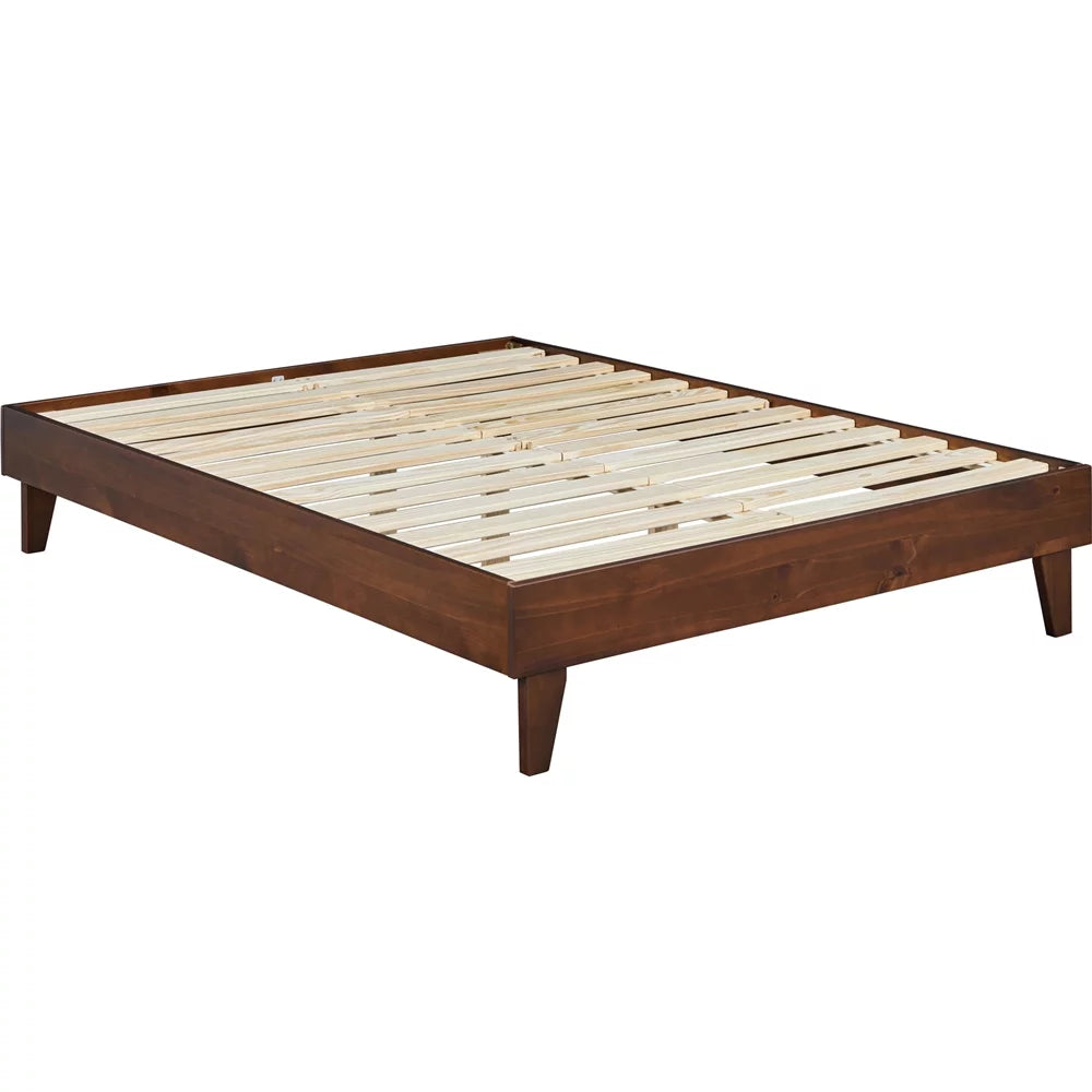Queen Smoked Walnut Platform Bed Frame with Wood Slat Support B12894