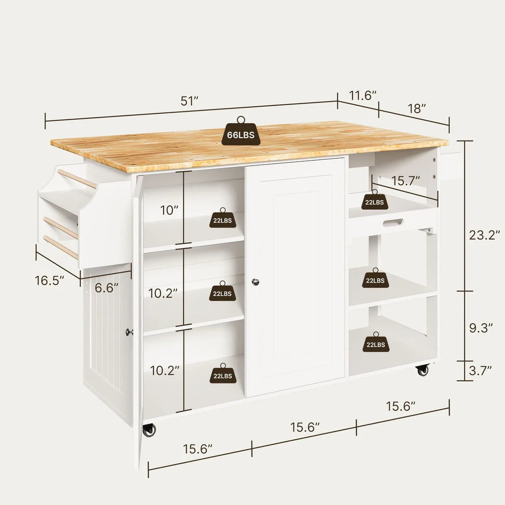 36 H White Wooden Kitchen Island Cart on Wheels with Cabinet and Shelves W6528