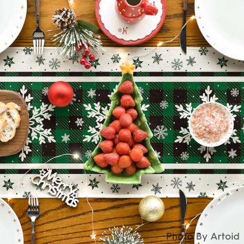 Green Buffalo Plaid Snowflakes Christmas Table Runner 13x72 Inch B789635