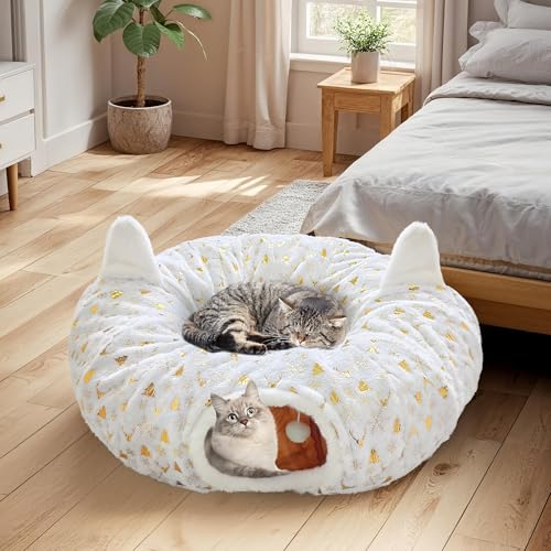 Foldable Plush Cat Tunnel Bed with Hanging Toy Ball L8991