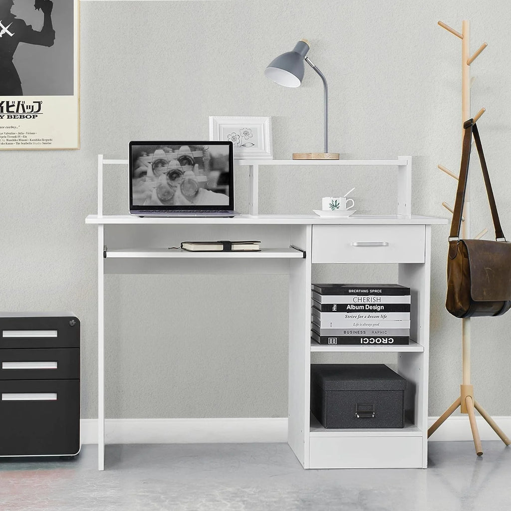 White Computer Desk with Keyboard Tray and Drawers D5035