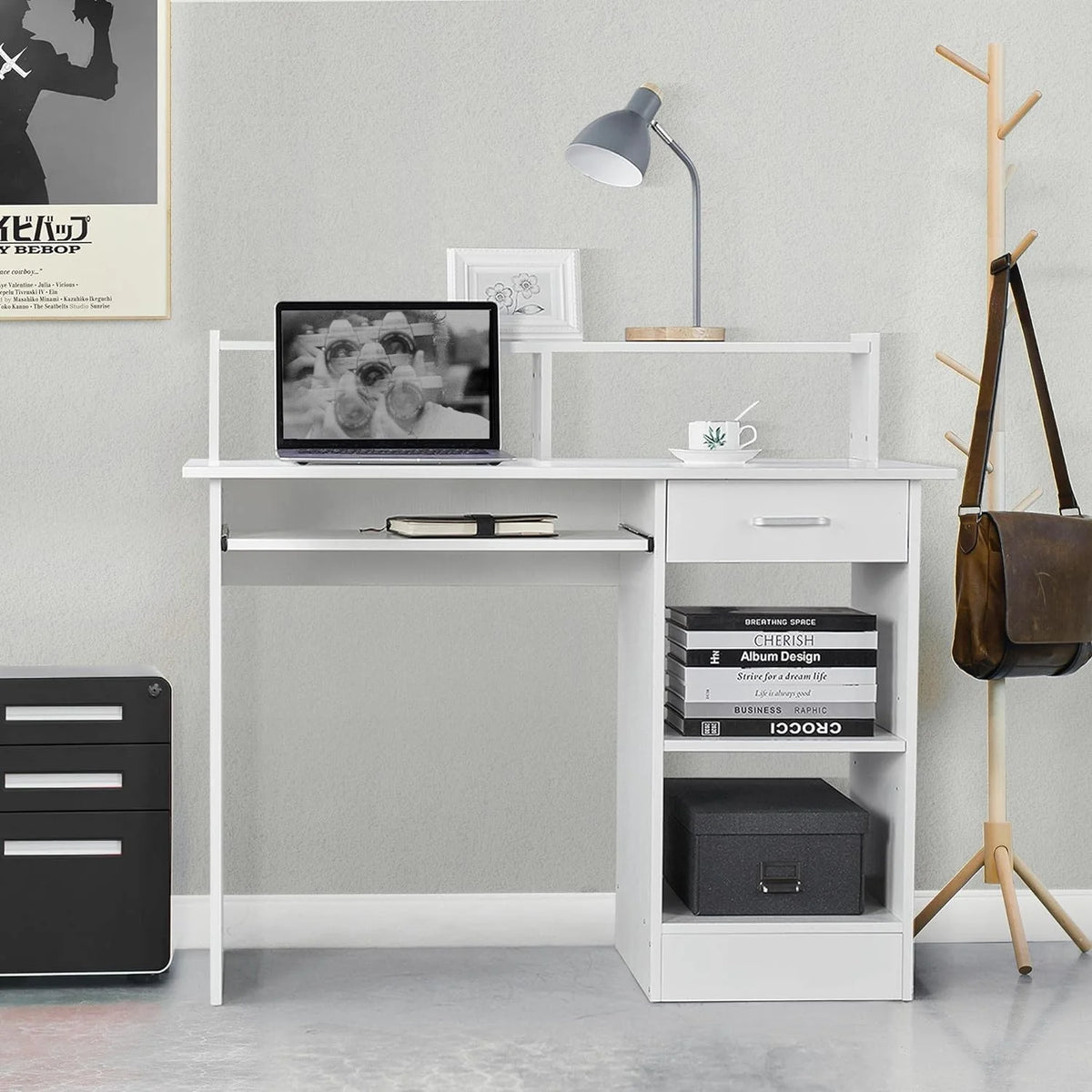 White Computer Desk with Keyboard Tray and Drawers D5035