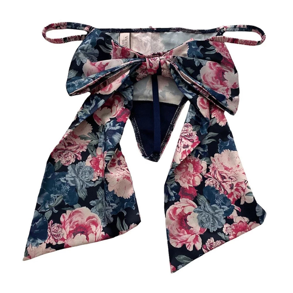 Satin Bow Back Floral V String Panty Size Medium R377307