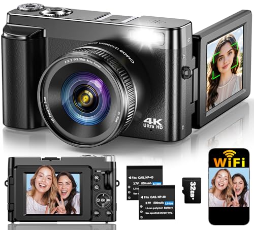 4K 64MP Compact Digital Camera with 32GB Card, 2 Batteries, Black K6762