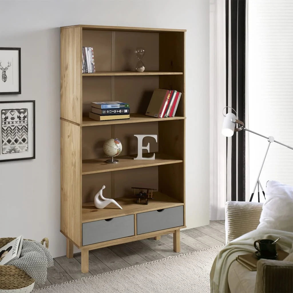 Brown and Gray Solid Wood Pine Bookcase with 2 Drawers X687