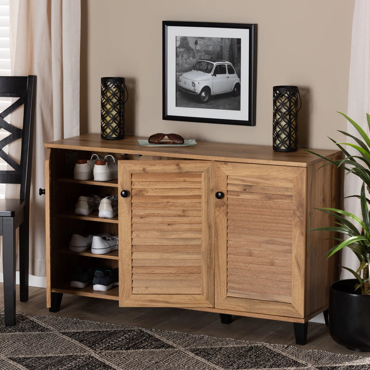 Oak Brown Wood 3-Door Shoe Storage Cabinet A156409