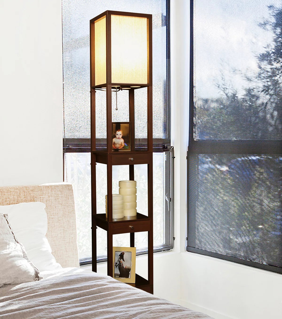 Standing Tower Floor Lamp with Shelves and Drawers I5390