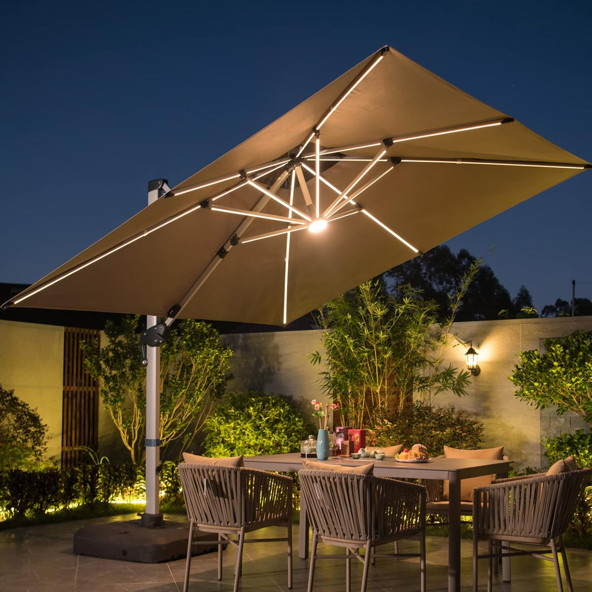 10 FT Square Cantilever Umbrella with Solar LED Lights and Cross Base, Beige Q42203