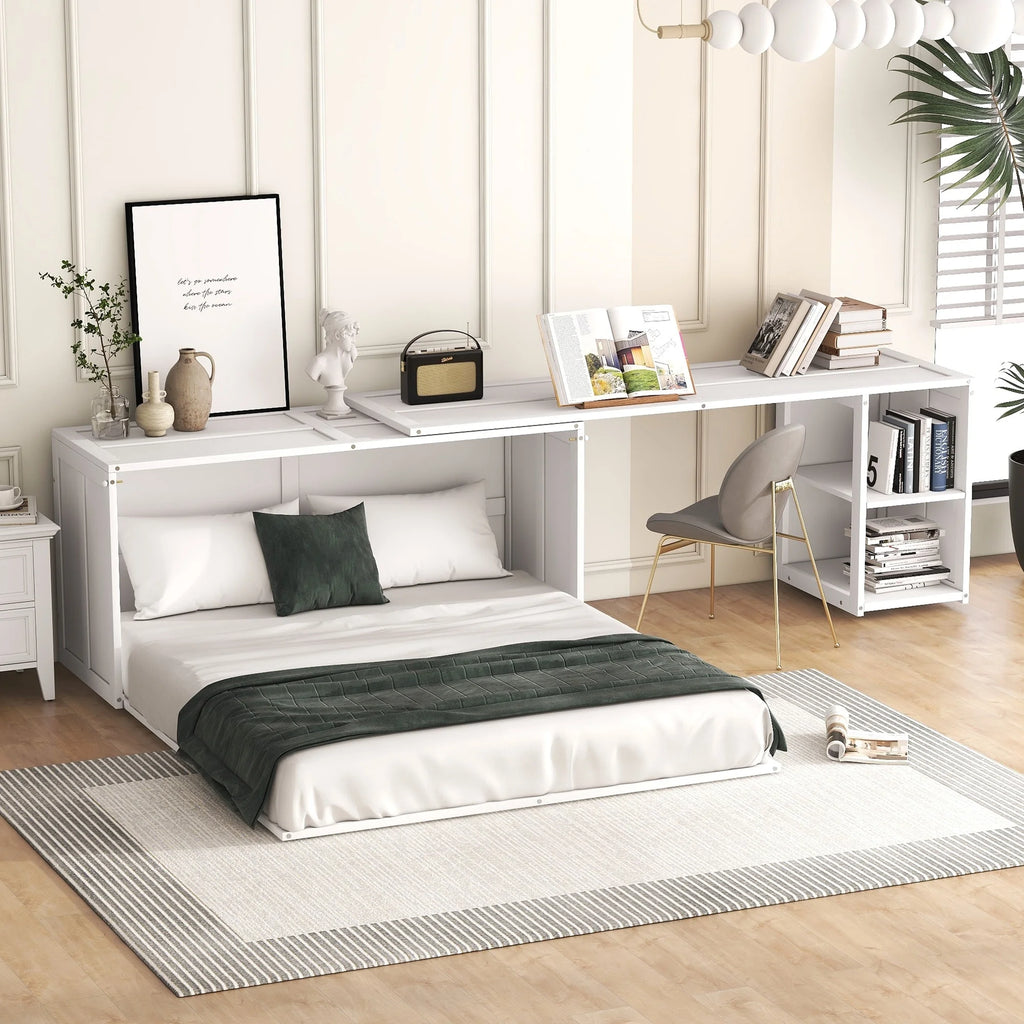 White Queen Size Murphy Bed with Rotable Desk and 2 Storage Shelves G791889