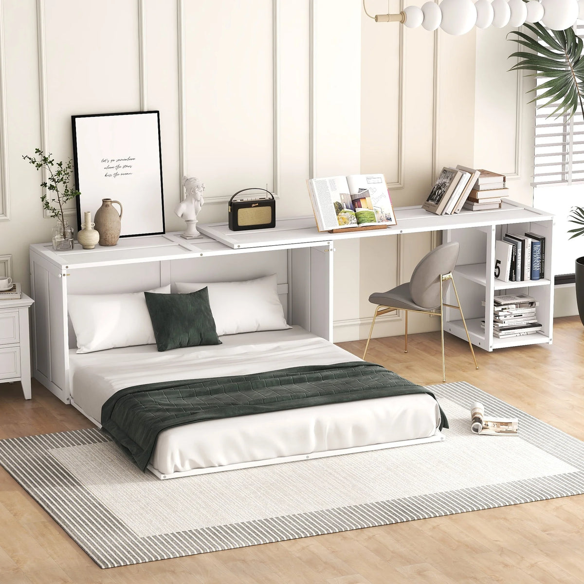 White Queen Size Murphy Bed with Rotable Desk and 2 Storage Shelves G791889