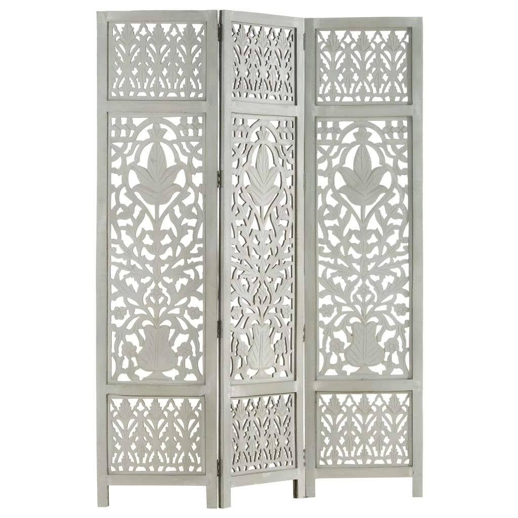 Hand Carved 3-Panel Gray Solid Mango Wood Room Divider O931578