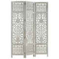 Hand Carved 3-Panel Gray Solid Mango Wood Room Divider O931578