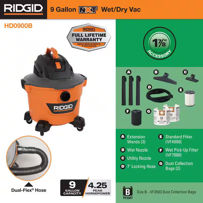 9 Gallon 4.25 Peak HP Wet/Dry Shop Vacuum with Filters Hose and Accessories T636772