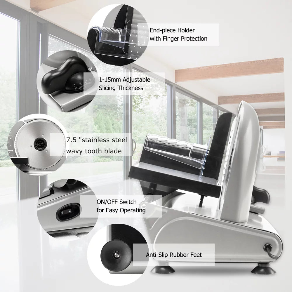 150W Electric Bread and Meat Slicer with 7.5 Inch Stainless Steel Blade T6247