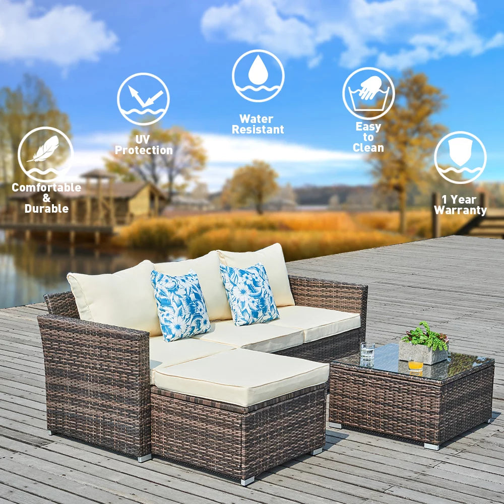 3 Pieces Beige Wicker Rattan Patio Sectional Set with Table O102610