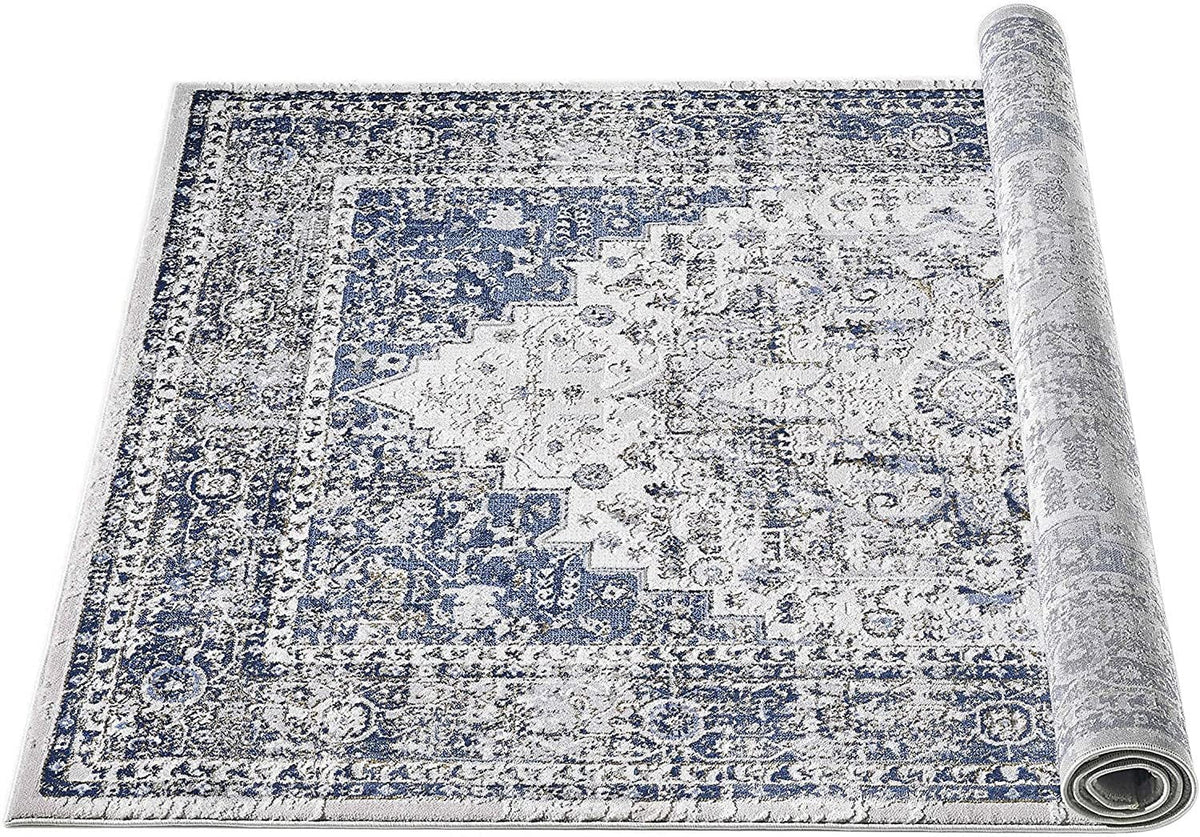 Gray Navy Blue Boho Rug Y858