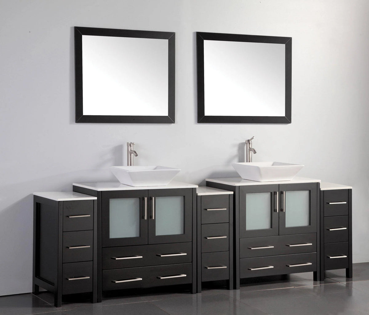 96 in. Double Sink Vanity Cabinet with Ceramic Vessel Sink & Mirror Y25057