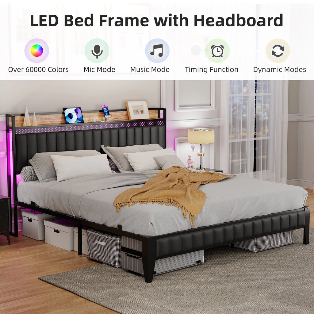 Black Upholstered Platform Bed Frame with Storage Headboard Y95830
