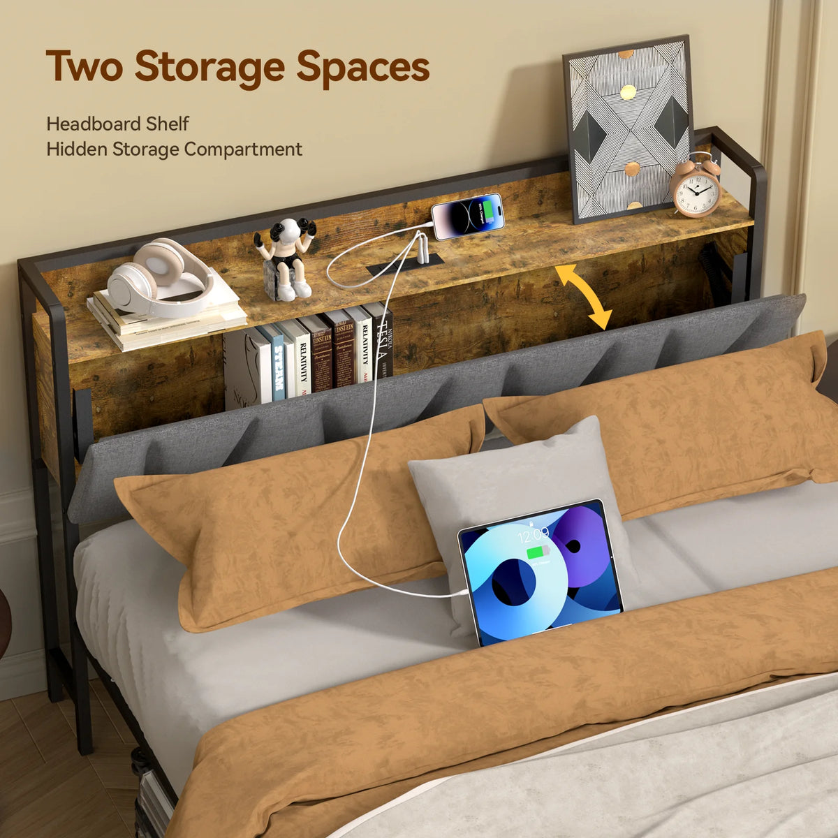 Full Size Platform Bed Frame with Headboard and Storage R4788