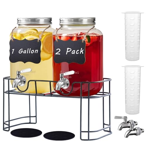 1 Gallon Glass Drink Dispenser with Stand, 2 Pack Z198342