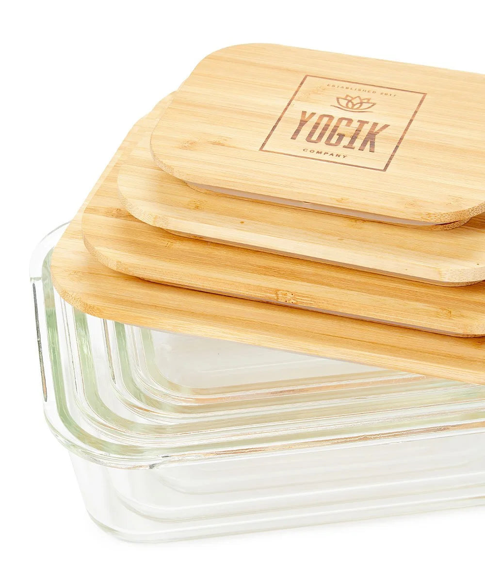 Set of 4 Rectangular Glass Food Storage Containers with Bamboo Lids S747667