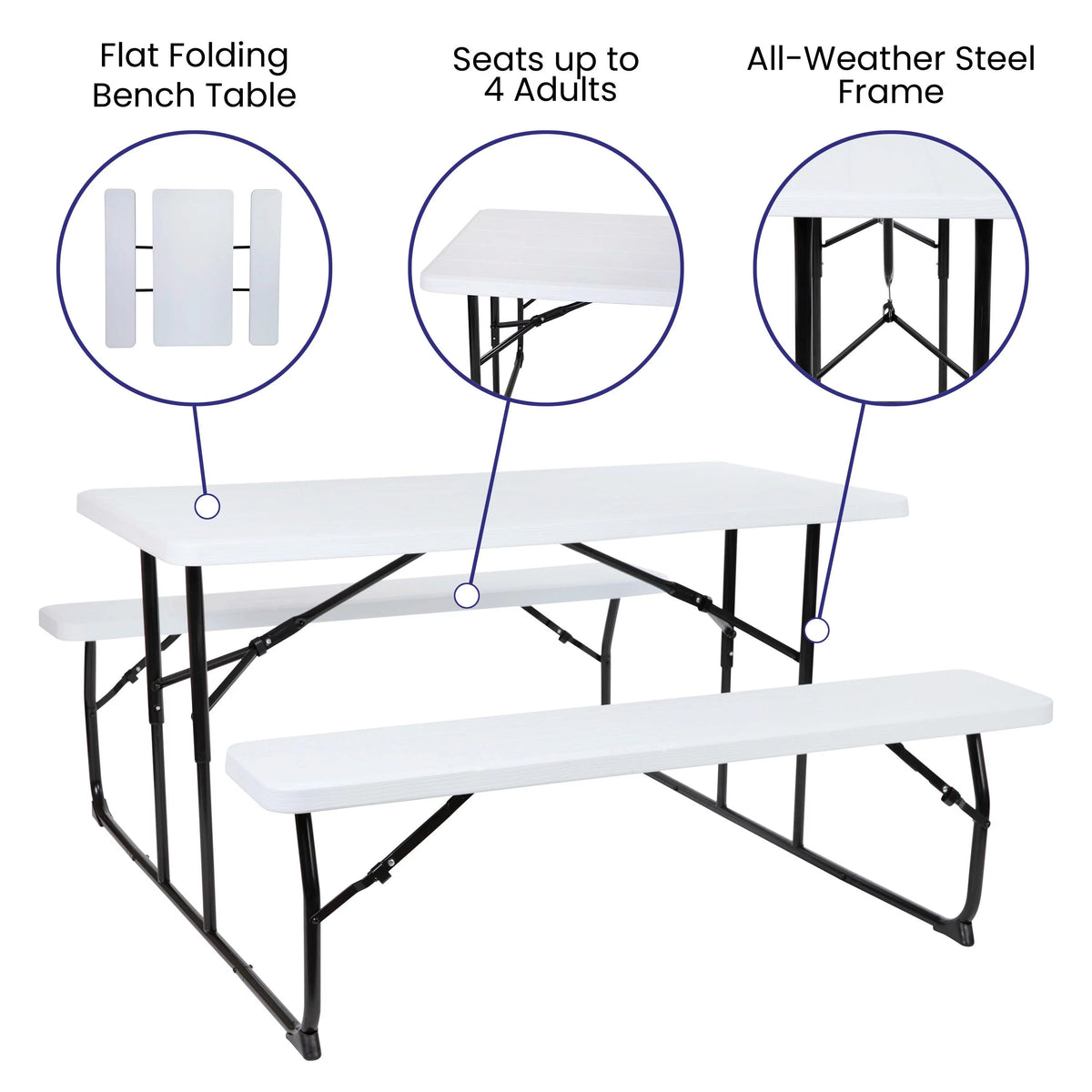 White Plastic Folding Picnic Table with Benches I3262