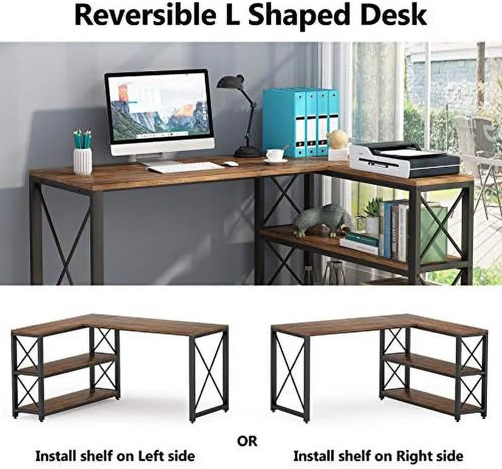Brown 59" L-Shaped Corner Desk with Shelves M472684