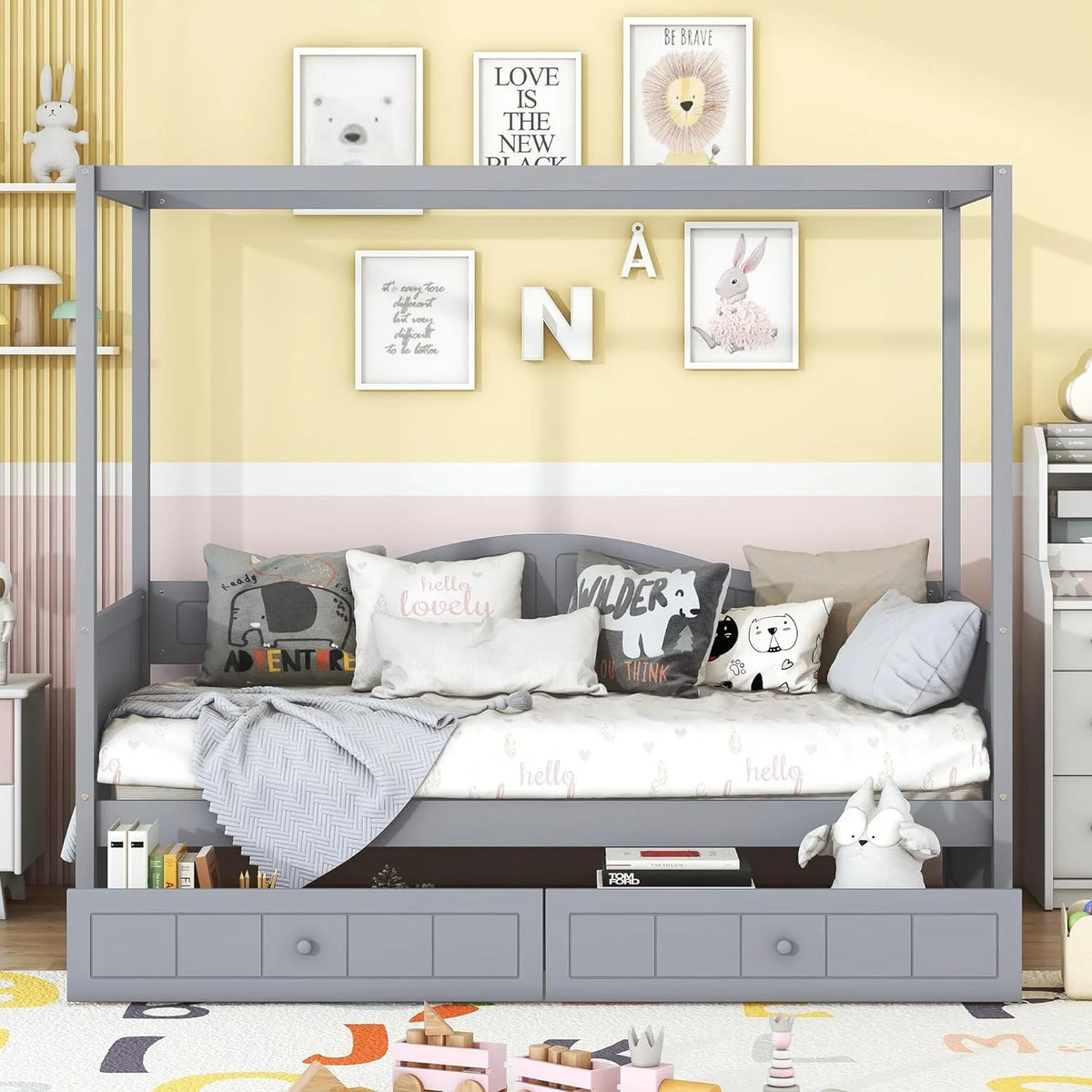 Gray Wood Canopy Bed with Storage and 2 Drawers U503909