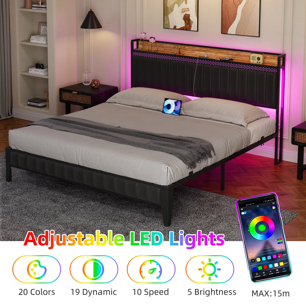 Black Upholstered Platform Bed Frame with Storage Headboard Y95830