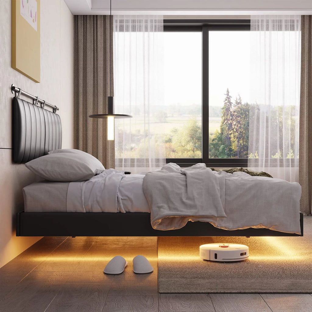 White LED Floating Queen Bed Frame with Upholstered Headboard G79490