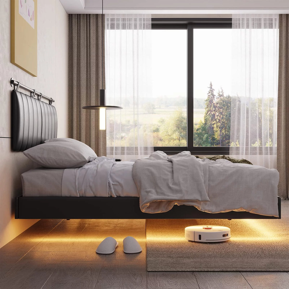 White LED Floating Queen Bed Frame with Upholstered Headboard G79490