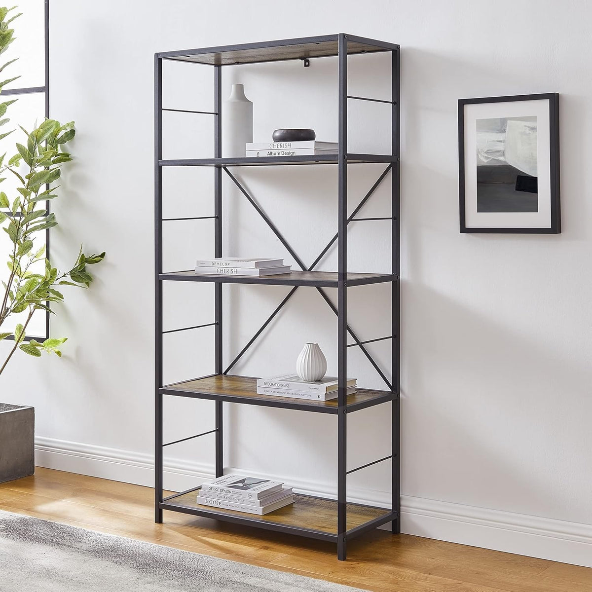 4 Tier Wood Metal Bookcase 60 Inch Dark Walnut L231675