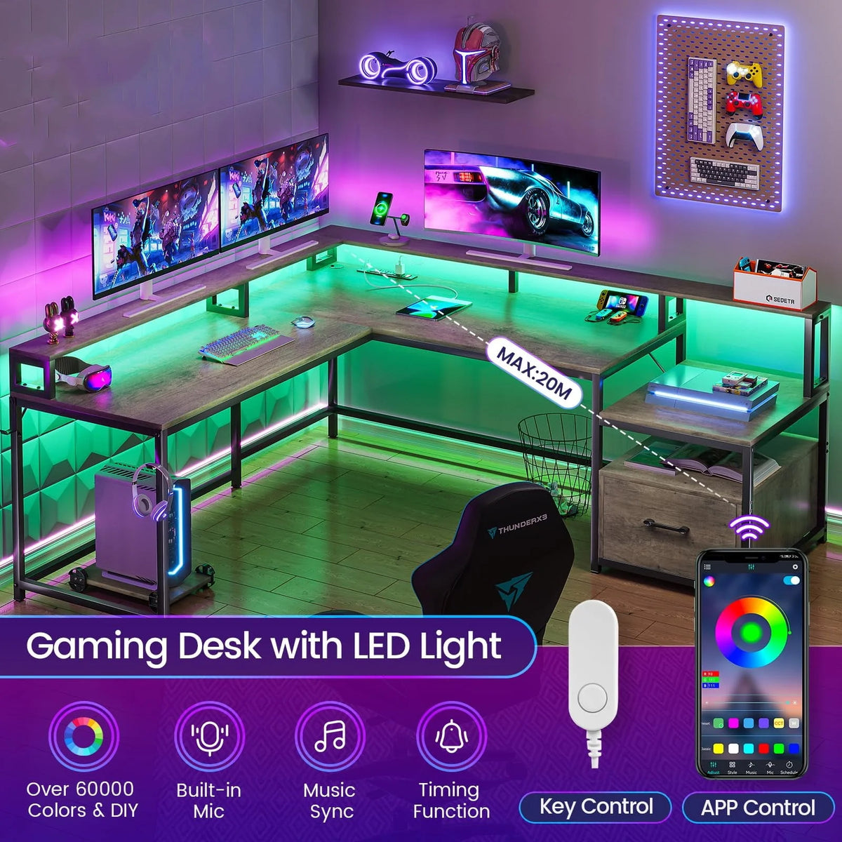 L Shaped Desk with Power Outlet and LED Lights J912